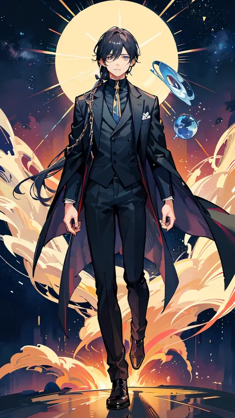 A man around 33 years old、A man with waist-length black hair tied back、Wearing a black suit、Eye color is a calm blue、The background is a planetarium、Starry sky seen from the ground