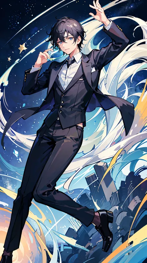 A man around 33 years old、A man with waist-length black hair tied back、Wearing a black suit、Eye color is a calm blue、The background is a planetarium、Starry sky seen from the ground