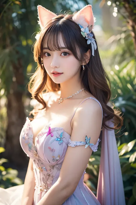 A young woman with long, wavy pastel-colored hair sits gracefully, dressed in an elaborate, fantasy-themed gown. The gown features a mix of soft pastel colors, including pink, blue, and lavender, adorned with sparkling embellishments and a large bow at the...