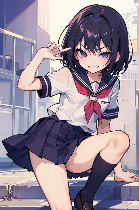 (Ideal:1.2), (perfect:1.2), (flawless:1.2), (highest quality:1.2), (best quality:1.2), street, 1girl, (evil smirk:1.2), (loli:1.2), young, (school uniform:1.1), detailed body, sexy thighs, small breasts, short hair, high quality eyes, 4K, highest quality r...