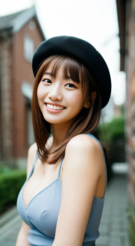 masterpiece,best quality,(Japanese ),((Beautiful girl)),cleavage,(perfect body beauty:1.2),(shy smile),beautiful teeth,(Blurred background of brick buildings),(hat),