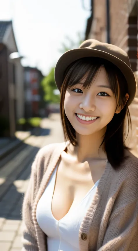 masterpiece,best quality,(Japanese ),((Beautiful girl)),cleavage,(perfect body beauty:1.2),(shy smile),beautiful teeth,(Blurred background of brick buildings),(hat),