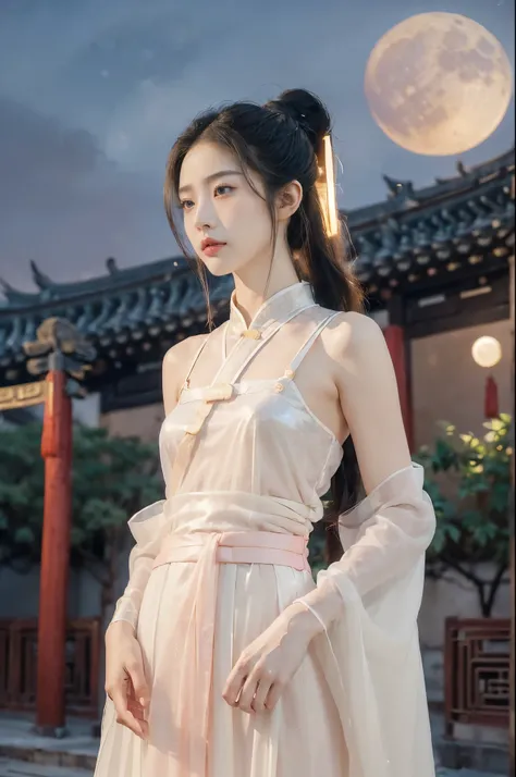 (((best quality))),(((ultra detailed))),(((masterpiece))),illustration,((1 beautiful girl,solo)),(short ponytail:1.2),((bright eyes,gentle smile)),((slim,thin)),((small breasts,flat chest)),(white see through sheer strap Hanfu:1.3),flowing fabric,serene de...