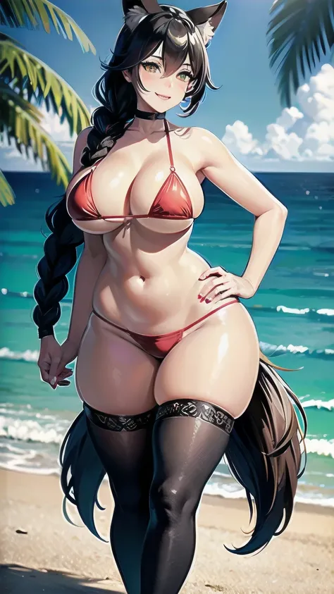 expressive eyes, perfect face, funny face, smile, perfect hands, massive breasts, thicc thighs, red wolf girl, side braid, multi colored micro bikini, incredible details, wallpaper art, full body art, solo, sea beach