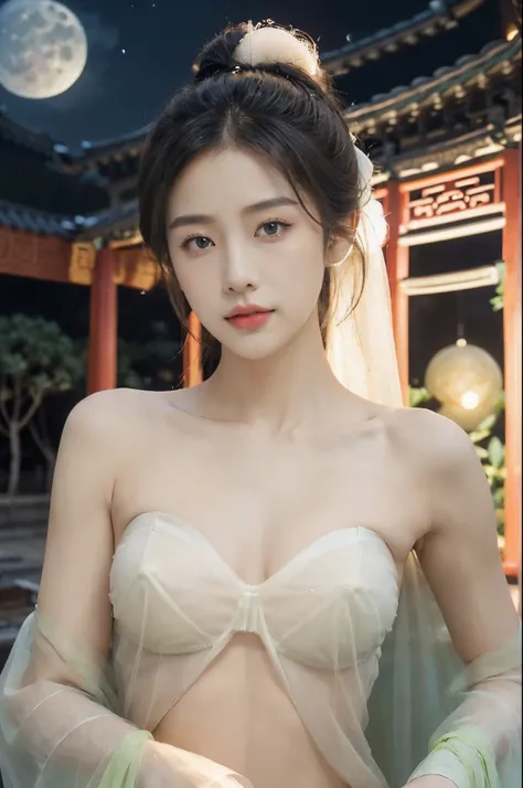 (((best quality))),(((ultra detailed))),(((masterpiece))),illustration,((1 beautiful girl,solo)),(short ponytail:1.2),((bright eyes,gentle smile)),((slim,thin)),((small breasts,flat chest)),(strapless white see through sheer bra:1.3),flowing fabric,serene ...