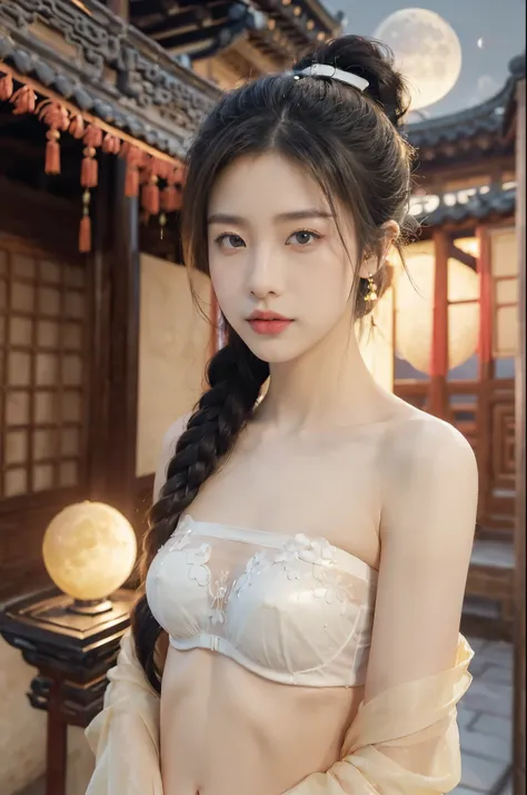 (((best quality))),(((ultra detailed))),(((masterpiece))),illustration,((1 beautiful girl,solo)),(short ponytail:1.2),((bright eyes,gentle smile)),((slim,thin)),((small breasts,flat chest)),(strapless white see through sheer bra:1.3),flowing fabric,serene ...