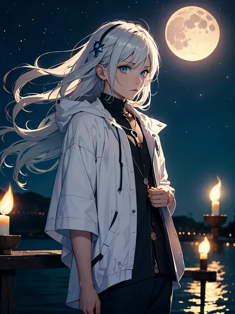 Modern jacket. Modern times. blue lights. Long hair. bright. bright. stars. Sehr Long hair. More anime. aquatic, boy, Goddess of the Moon, silver hair accessories, White hair, White dress, cape, at night, saturated colors, light eyes, bright, light blue li...