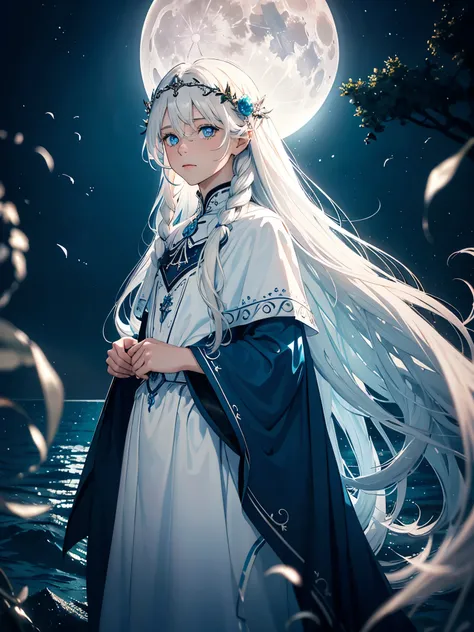 Kleines Kind. Blue light. Göttlich. Mystisch. Long hair. long white hair. aquatic, boy, Goddess of the Moon, silver hair accessories, White hair, White dress, cape, at night, saturated colors, light eyes, bright, light blue light, blue eyes, Jewelry silver...