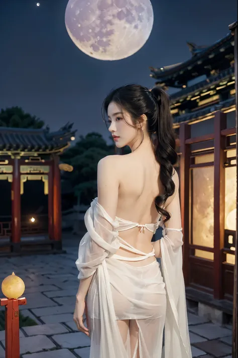 (((best quality))),(((ultra detailed))),(((masterpiece))),illustration,((1 beautiful girl,solo)),(short ponytail:1.2),((bright eyes,gentle smile)),((slim,thin)),((strapless,shoulder off,bare back,towering hips,butt crack)),(white see through sheer Hanfu:1....