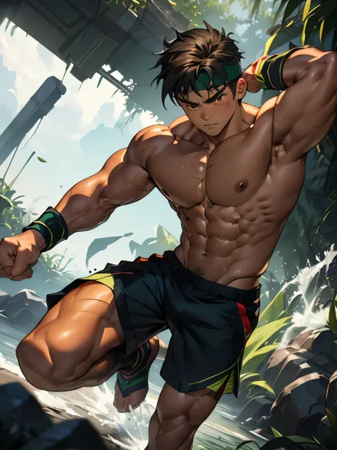 (Masterpiece, Best quality, 8k, ultra-detailed, 17 year old boy, worm eyes, black background), Young, boy, muscler, Shirtless, ((((solo, steam, intense battle scene, heroic figure, surrounded by swirling green aura)))), (Dark Short straight hair, ((almost ...