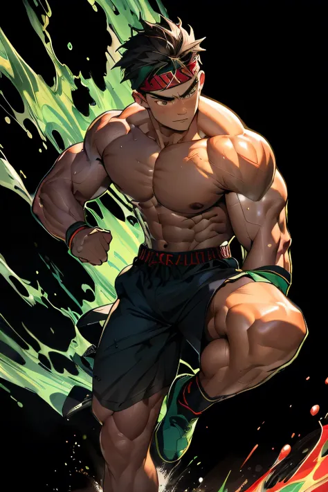 (Masterpiece, Best quality, 8k, ultra-detailed, 17 year old boy, worm eyes, black background), Young, boy, muscler, Shirtless, ((((solo, steam, intense battle scene, heroic figure, surrounded by swirling green aura)))), (Dark Short straight hair, ((almost ...