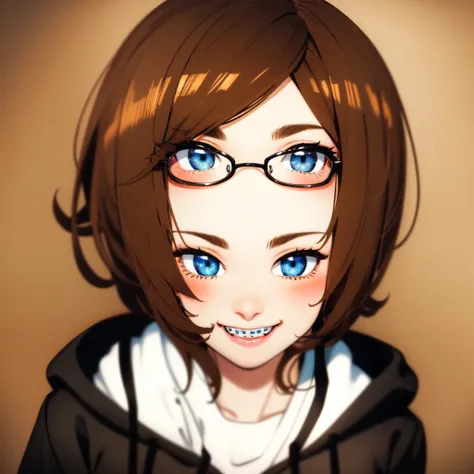 1girl, seductive eyes, braces, glasses, smiling, cute, blue eyes, blush, brown hair, wearing hoodie, best quality, masterpiece, highres