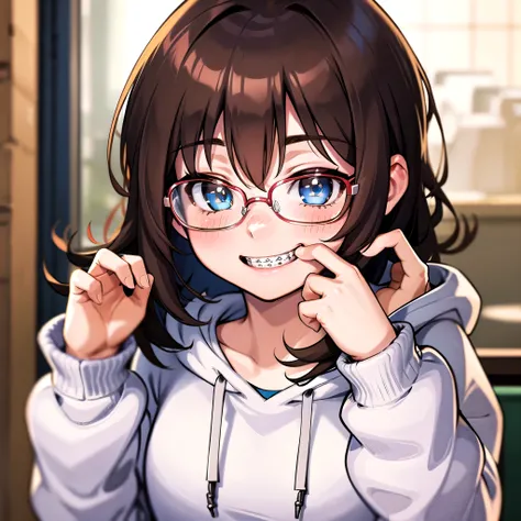 1girl, seductive eyes, braces, glasses, smiling, cute, blue eyes, blush, brown hair, wearing hoodie, best quality, masterpiece, highres