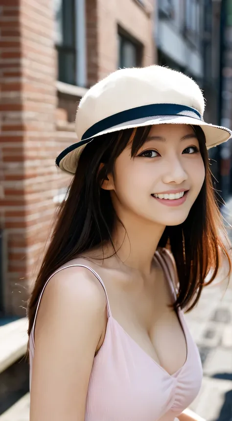 masterpiece,best quality,(Japanese ),((Beautiful girl)),cleavage,(perfect body beauty:1.2),(shy smile),beautiful teeth,(Blurred background of brick buildings),(hat),