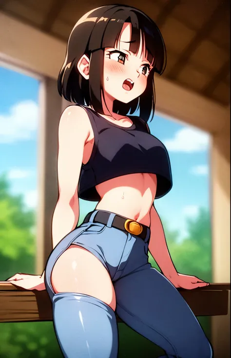 PAN, 1 girl, work of art, (best qualityer, perfect detailed), chestnut hair, short pants, waist belt, jeans, eyes browns, giorno, jeans, hinterland, camisa cropped |, gasping, breastsout, medium breastsout, huge ass, sexy case, gross cochas, sitting down, ...