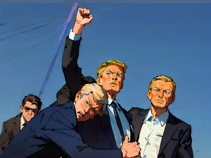 a dynamic illustration of 3 well-dressed men, one with glasses, in a heroic pose, donald trump in anime style, protecting the pr...