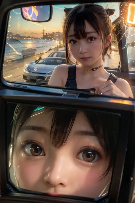 evening, coastal, car, inside car, (enoshima island reflected in the rearview mirror:1.6), 
by superwidephoto lens, 
 break 
per...