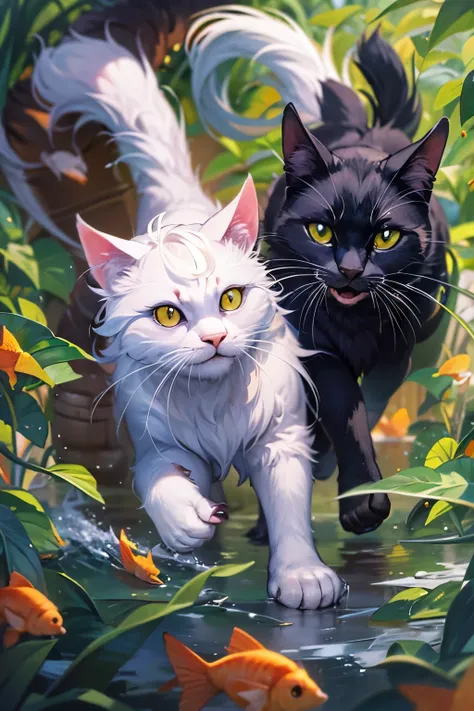 a black cat and a white cat, two cats stealing fish, cats running away, detailed fur, detailed eyes, detailed face, detailed paws, illustration, hyper detailed, dramatic shadows, award winning, 8k, extremely detailed, concept art