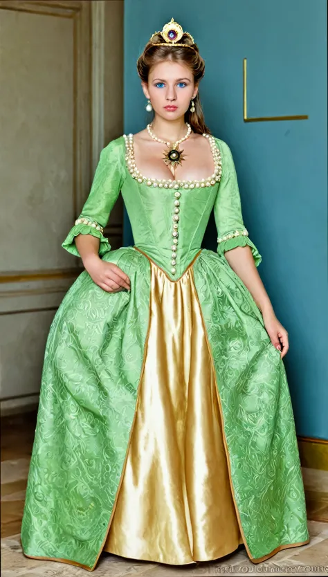 Front view , looking at viewer ,Full-body, holding wooden compass,  Empire of Austria -Hungary girl, 26 age old, (Light brown hair, middle hair , wince, Green eyes, beautiful lip, serious), (Pearl crescent earrings, Pearl and gold neckless, tiara with Dimo...