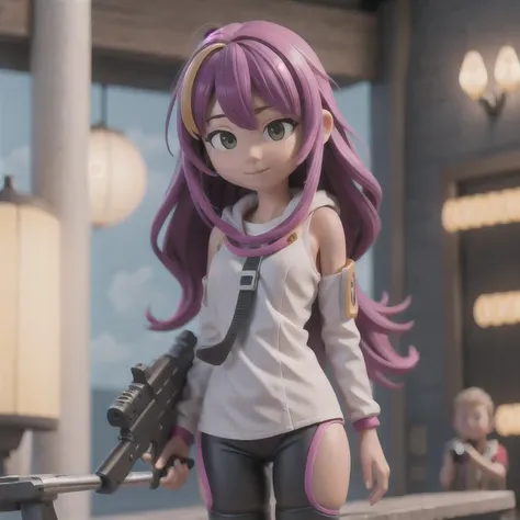 fish
1girl
bangs
blurry
blurry background
blurry foreground
breasts
brown eyes
closed mouth
depth of field
gun
long hair
looking...