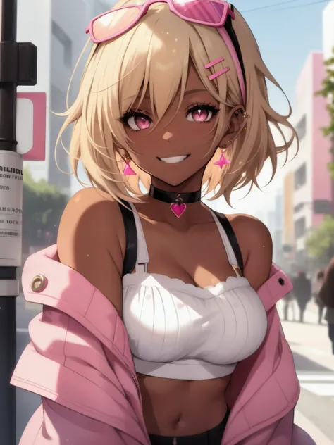  1girl, solo, outdoors, street, upper body, looking at viewer, earrings, pink lips, tanned skin, pink makeup, gyaru makeup, glitter, white bra, bare shoulders, off shoulder, off the shoulder, pink choker, hairclip, midriff, thighhighs, (dark skin), choker,...