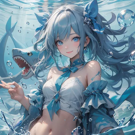 (masterpiece), Highest quality, Ultra-high resolution,Cat with blue ribbon、Blue Hair、Blue eyes、Blue clothes、smile、(In the water:1.3)、Bubble、Cool Shark、Illusion