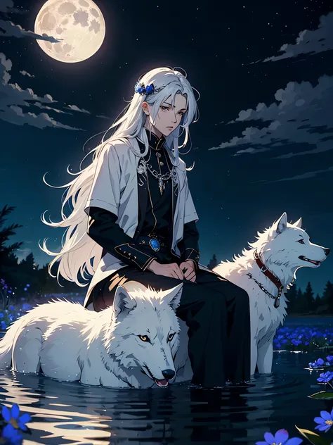 Moon. Sitting on a big white wolf. Lightening flowers. More anime. male. Blue flowers. Long hair. long white hair. aquatic, boy, God of the Moon, silver hair accessories, White hair. 