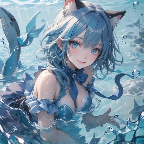 (masterpiece), Highest quality, Ultra-high resolution,Cat with blue ribbon、Blue Hair、Blue eyes、Blue clothes、smile、(In the water:1.3)、Bubble、Cool Shark、Illusion