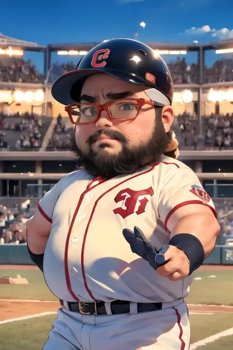 １male, alone, (Yossan), Ultra-high resolution,beard, Glasses, ((Are fat)), chibi, muscle, Dynamic, baseball player, (野court), uniform, bat, Gloves, Helmet, During the game, Batter Box, Stance, court, audience, illumination, Tension, A look of determination...