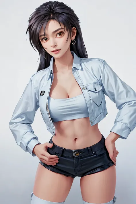 masterpiece, best quality, long hair, standing girl, full body, Simple White Background, mio serizawa, tied shirt, leather jacket, midriff, navel, micro shorts, knee high boots, glamour, beauty face, earrings, knuckles, long legs