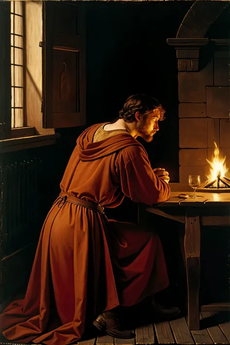 ((Best Quality)), ((Masterpiece)), (detailed) ,(Renaissance style), man sitting with his back turned,philosopher in medieval clothes in a dark and lonely room staring at a campfire in the corner, with a heart on fire in his left hand, drawn between shadows