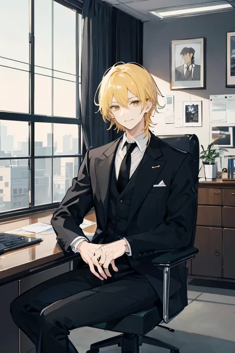 Handsome, anime, male, gold hair. gold eyes, crazy smile, manipulative, wearing black rings, detailed masterpiece, sitting office chair,, behind window, ,wearing  black trouser wearing black coat, black necktie, stylized, aesthetic, wearing suit, muscular