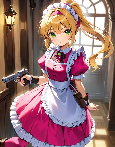 (best quality,4k,8k,highres,masterpiece:1.2),ultra-detailed, (1girl) A cute teenage gunslinger maid with green eyes, drawn in anime style, spiky light blonde hair in a long ponytail, victorian fashion, wearing a cute white maid dress with puffy sleeves, co...