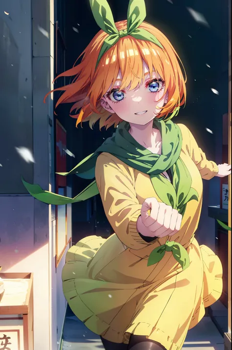 Yotsubanakano, Yotsuba Nakano, bangs, short hair, blue eyes, Hair between the eyes, hair ribbon, hair band, Orange Hair, (Green ribbon:1.5), smile, Grin,Green long coat,V-neck sweater,White scarf,Long skirt,Black pantyhose,short boots,It&#39;s snowing,Snow...