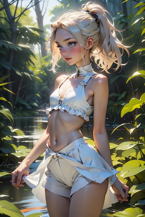  ((best quality)), ((masterpiece)), (detailed), Beautiful 12 year old western girl, ((young girl, very young, 12 years old)), long hair, pale skin, thin, collarbone, In a forest, wild clothes, NSFW, small breasts, prominent collarbones, skinny arms, flat s...