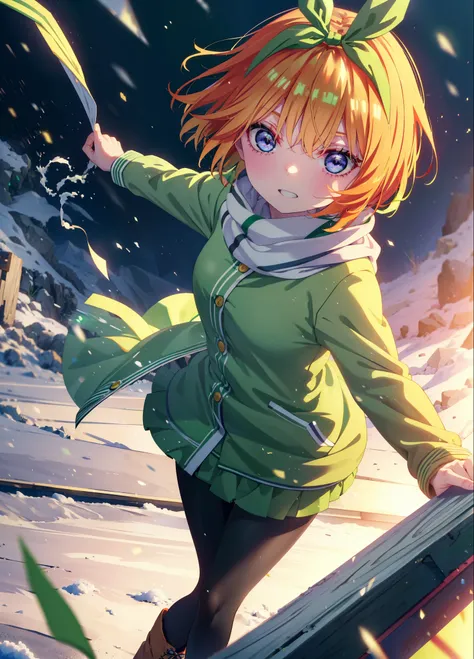 Yotsubanakano, Yotsuba Nakano, bangs, short hair, blue eyes, Hair between the eyes, hair ribbon, hair band, Orange Hair, (Green ribbon:1.5), smile,Green long coat,sweater,White scarf,Long skirt,Black pantyhose,short boots,It&#39;s snowing,Snow is piled up,...