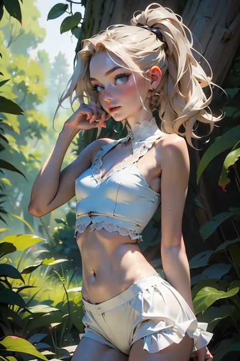  ((best quality)), ((masterpiece)), (detailed), Beautiful 12 year old western girl, ((young girl, very young, 12 years old)), long hair, pale skin, thin, collarbone, In a forest, wild clothes, NSFW, small breasts, prominent collarbones, skinny arms, flat s...