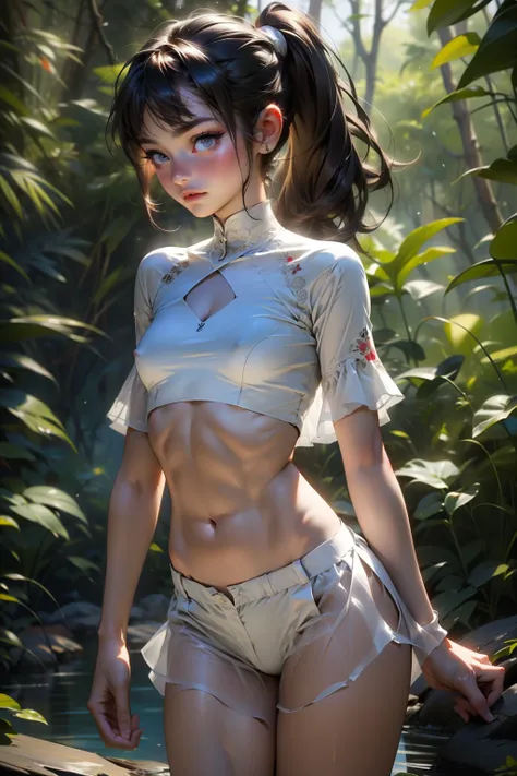  ((best quality)), ((masterpiece)), (detailed), Beautiful 12 year old western girl, ((young girl, very young, 12 years old)), long hair, pale skin, thin, collarbone, In a forest, wild clothes, NSFW, small breasts, prominent collarbones, skinny arms, flat s...