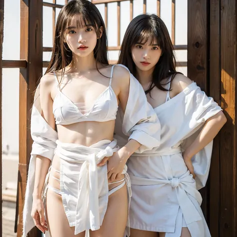 日本people、１people、The most beautiful woman、clear、Shiny black hair、Photo Style、length, bangs、light makeup、Standard face、(((Wearing a white Etchu loincloth)))、Light clothing、(She is hiding her breasts by wrapping a cloth around her chest.)、Summer festival、(((...