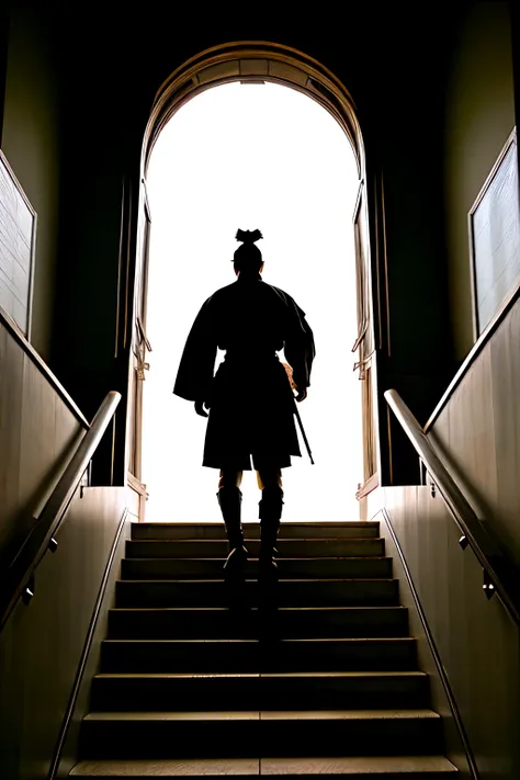 silhouette of male Samurai warrior in black walking upward on a staircase in the garden

