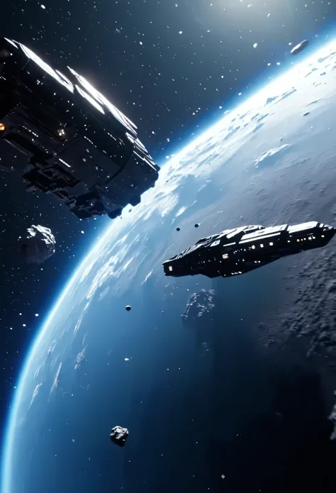 Spaceship flying outer space moving past floating asteroids, unknown planet in background, stars shining beautifully, sci-fi scene, ultra HD, unreal engine rendered, octane 3d rendering, cinematic lighting 