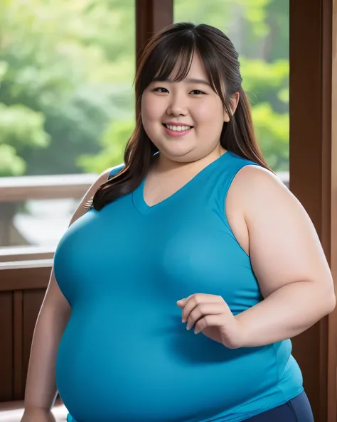 ((8K)), highest quality, 超High resolution, (Surreal)、(High resolution), 1 girl, Japanese, ((right blue sleeveless shirt)), Overweight, Extremely fat, Chubby, ((Chuckle-Smile))