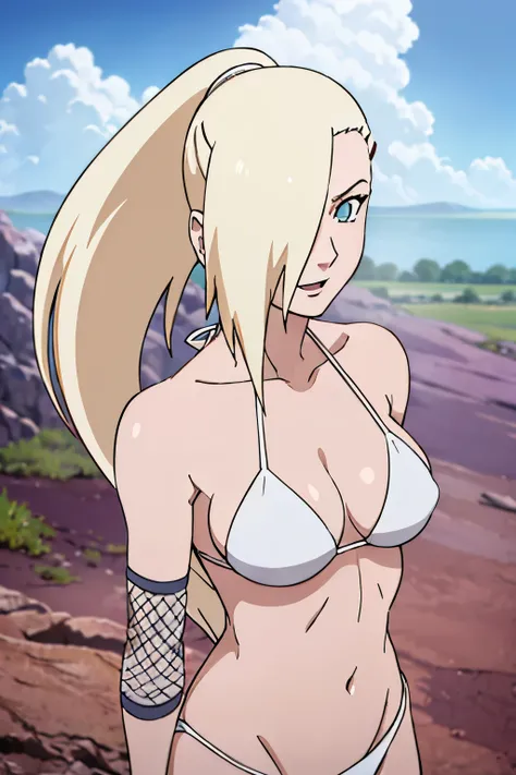 (White bikini:1.5), Ino yamanaka, looking at the viewer, gorgeous, attractive, groin, cowboy shot, ultra detailed face, sunny day, day time, upper body view, anime style, solo, detailed flower field, blonde, (focus on breasts), ((one eye covered with hair,...