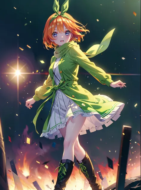 Yotsubanakano, Yotsuba Nakano, bangs, short hair, blue eyes, Hair between the eyes, hair ribbon, hair band, Orange Hair, (Green ribbon:1.5), smile,Green long coat,sweater,White scarf,Long skirt,Black pantyhose,short boots,It&#39;s snowing,Snow is piled up,...