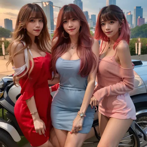 Beautiful woman in slight smile, pink mini dressed, red nails, makeup, breast cleavage, wispy bangs, earrings, best quality, at the city, masterpiece