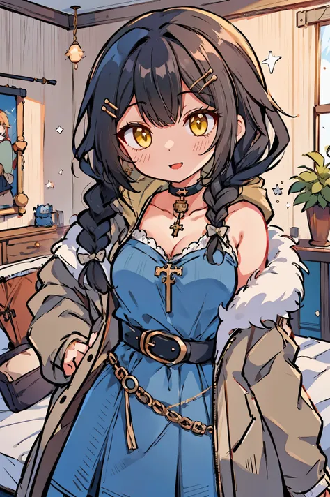 (masterpiece:1.2), (high quality:1.2), (hui xiyi:0.7), rekkyo sensen, rekkyou sensen, chibi, girls with((1girl, solo, black hair, yellow eyes, (wavy medium hair, braids, hairclips:1.3), blush, breasts, choker, cleavage, coat, cowboy shot, blue dress, ribbo...