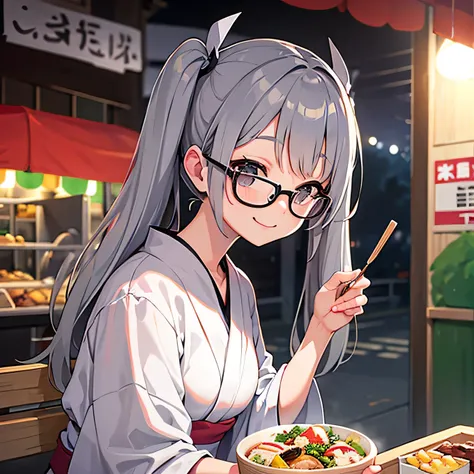 Glasses　girl　Twin tails　bright　Gray Hair　Summer festival food stalls　smile　yukata