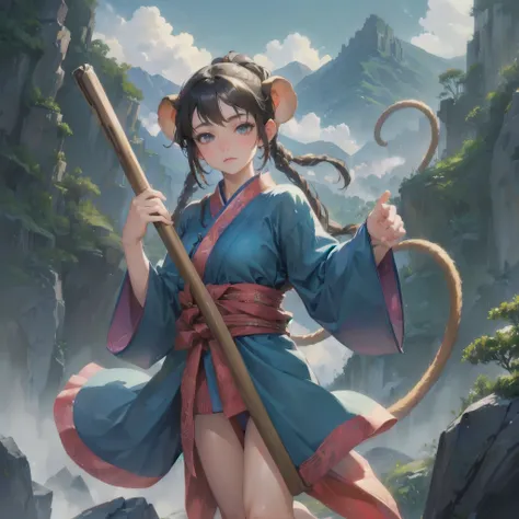  masterpiece, (textured skin), best quality, gorgeous beautiful girl, (a female 
monkey ears,monkey tail),,detailed clothes,large breasts,narrow waist,, (beautiful face), cinematic lighting, (fantasy anime art ),