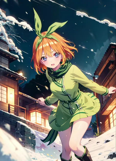 Yotsubanakano, Yotsuba Nakano, bangs, short hair, blue eyes, Hair between the eyes, hair ribbon, hair band, Orange Hair, (Green ribbon:1.5), smile,Green long coat,sweater,White scarf,Long skirt,Black pantyhose,short boots,It&#39;s snowing,Snow is piled up,...