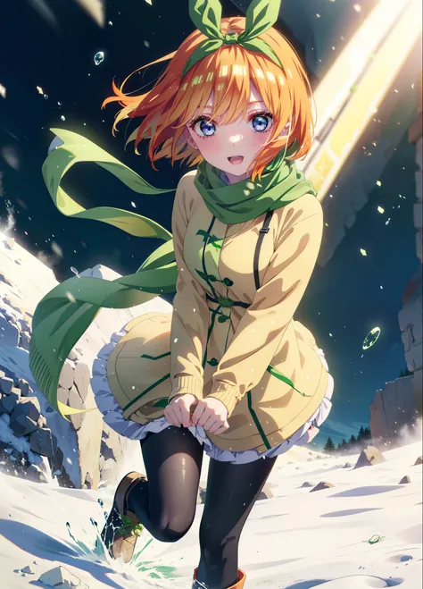 Yotsubanakano, Yotsuba Nakano, bangs, short hair, blue eyes, Hair between the eyes, hair ribbon, hair band, Orange Hair, (Green ribbon:1.5), smile,Green long coat,sweater,White scarf,Long skirt,Black pantyhose,short boots,It&#39;s snowing,Snow is piled up,...